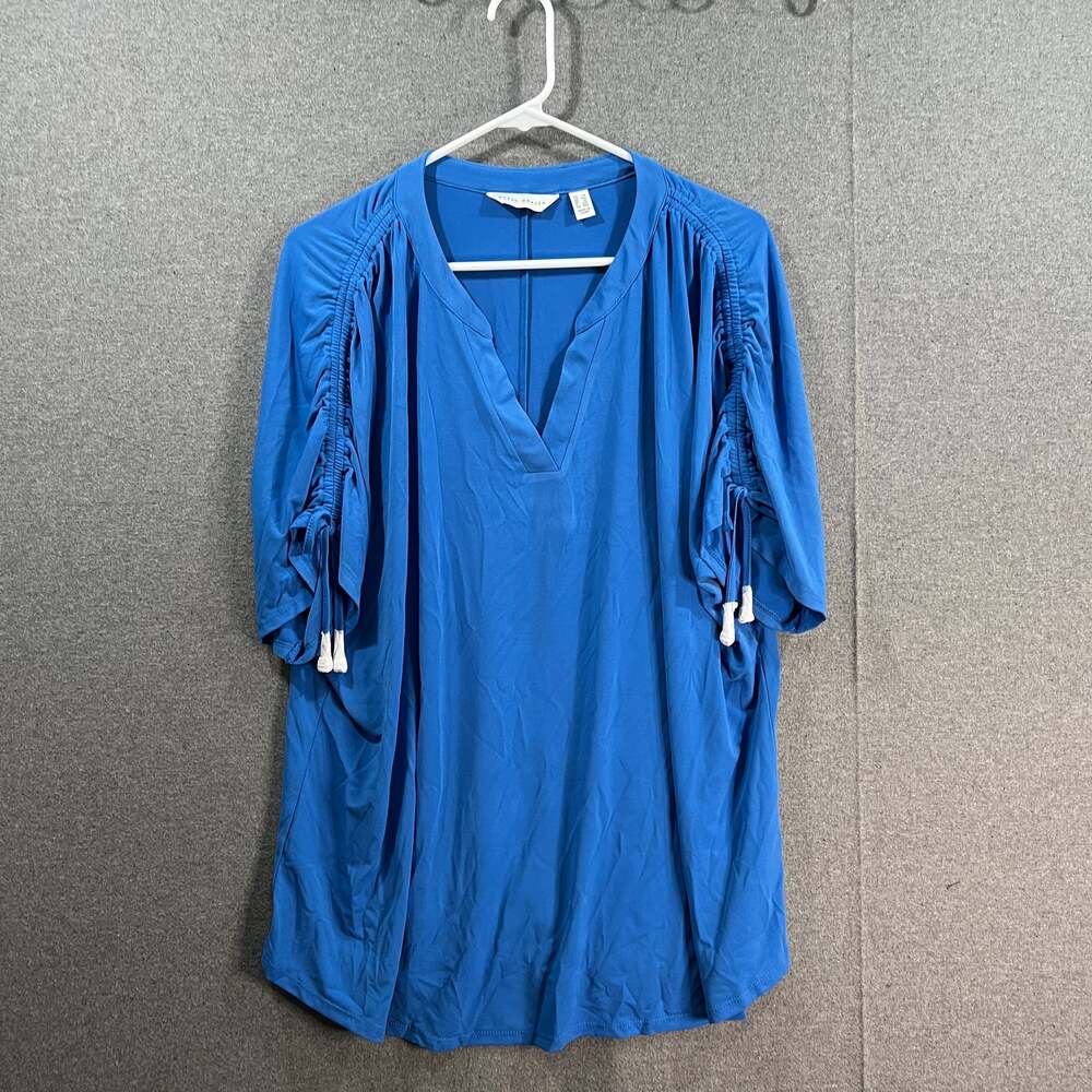Susan Graver Liquid Knit Split Neck Short Dolman Sleeve Top Regean Blue Size 1X
